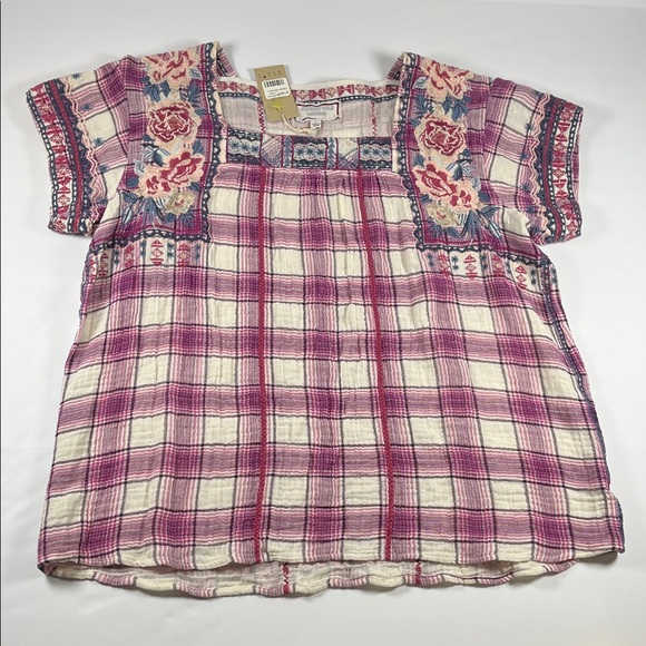 Johnny Was Tops - Johnny Was Womens Pink Plaid Peasant Floral Blouse Sz L